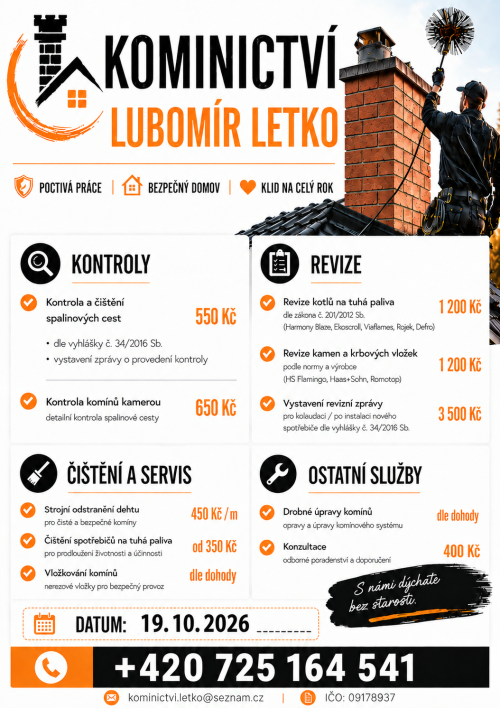 Nabídka kominických služeb - úterý 1. 9. 2026. 2